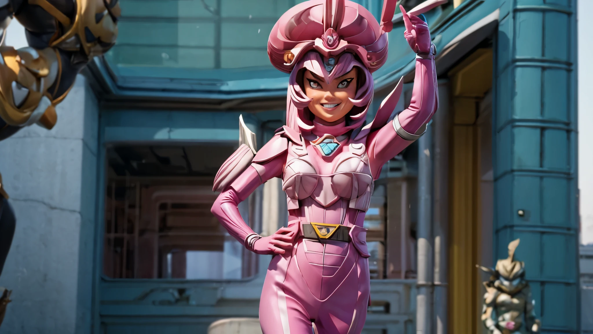 (best quality,4k,8k,highres,masterpiece:1.2),ultra-detailed, Alien Princess, Female Commander Invading a city with her ranger troops behind her, strutting her stuff, Smiling and laughing, Flirting with the viewer, HDR, 8k, absurdres, cinestill 800, sharp focus, add_detail:3 (solo woman) anime Villainess, wideshot, widescreen