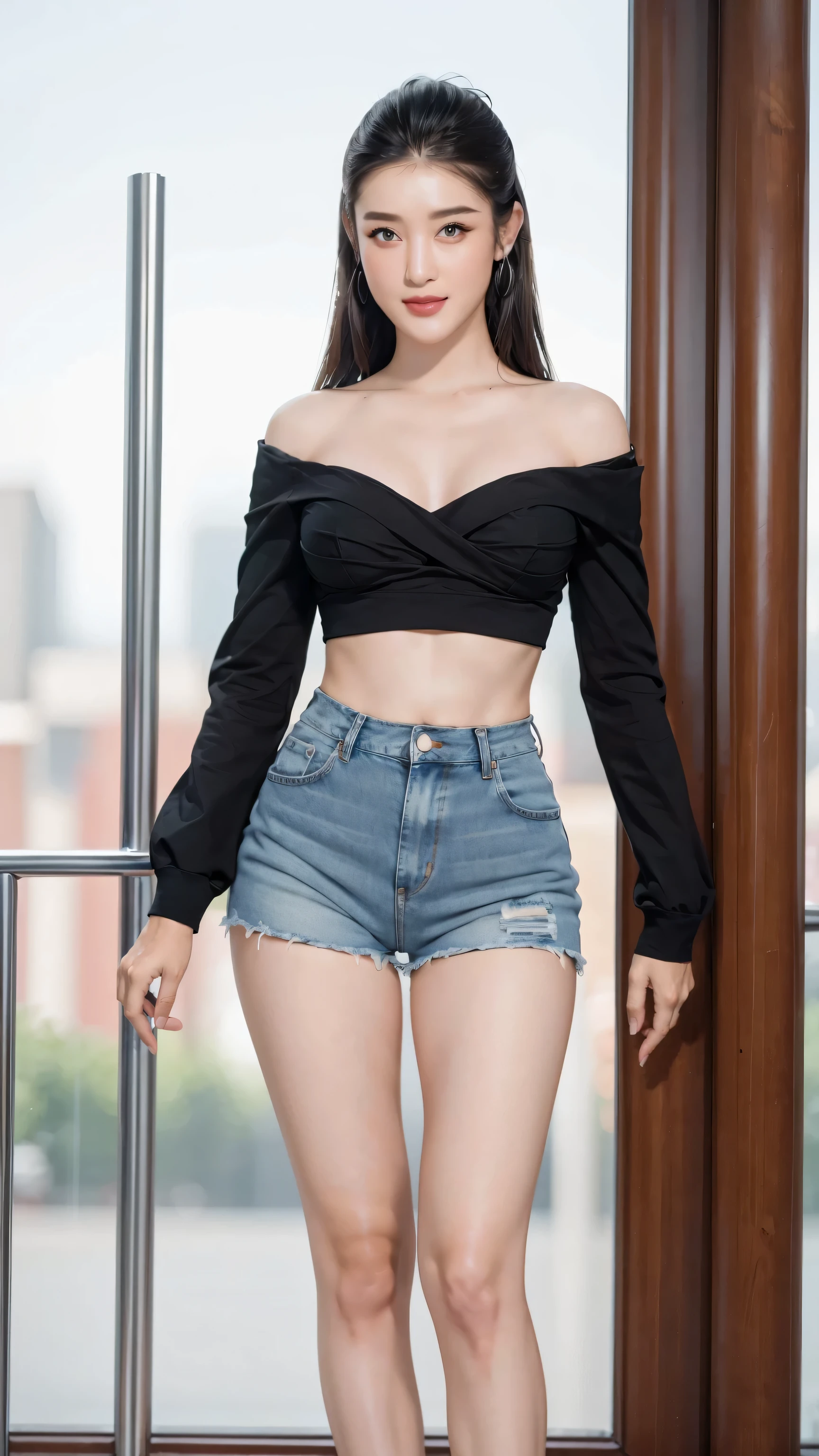 Beautiful 18 year old brunette girl wearing black one shoulder top and high waisted denim shorts with belt showing her T shaped belly button with thick legs