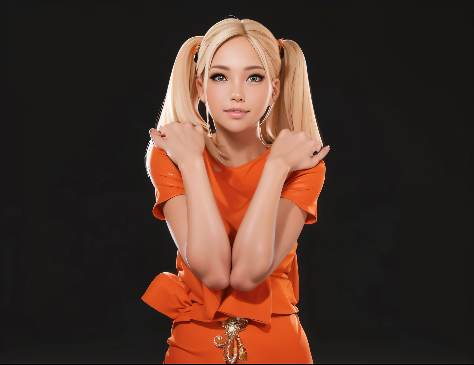 A blonde woman wearing an orange dress is holding her hands together in a praying motion. glossy skin, ultra glossy skin, skin 3d