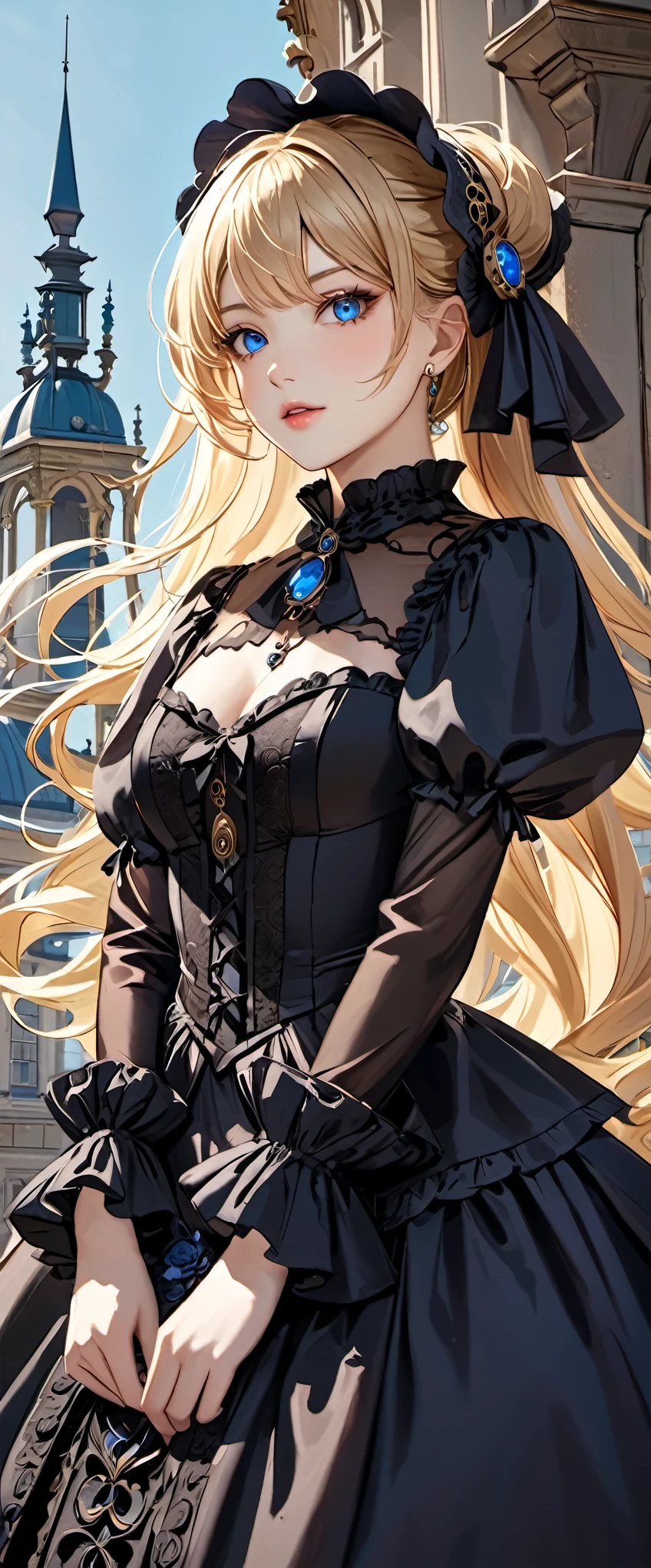 woman wearing dress and boots , baroque dress, wearing a detailed steampunk dress, elegant gothic princess, victorian gothic lolita fashion, historical baroque dress dark, black gothic lolita dress, fantasy style clothing, rococo dress, black rococo, fantasy costume, wearing a gothic dress, romantic dress, gothic dress,blonde,,(((upper body portrait)))blue eyes,city,Pose with movement