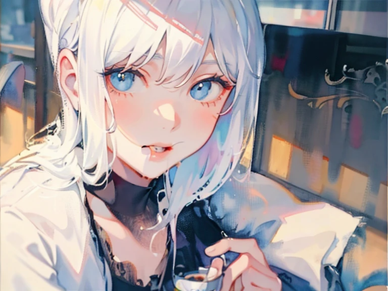 Stunningly beautiful young woman sitting in a street cafe in Paris, beautiful silver hair, Portrait by Willem Henraets, watercolor, Wet-on-wet and splatter techniques, in the center, perfect composition, abstraction, surrealism