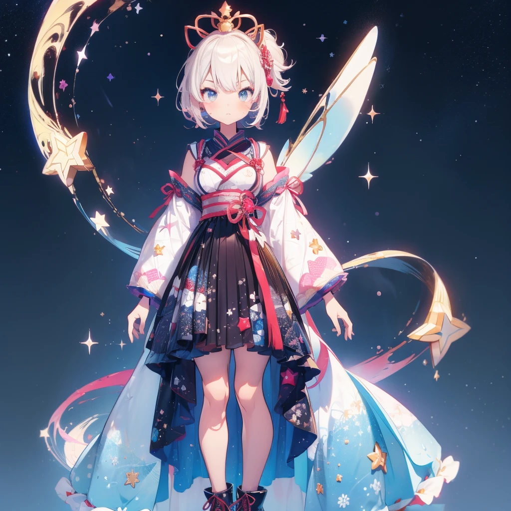 1girl、vtuber-fullbody、Star Fairy、masterpiece、official art、Super detailed、super beautiful、かわいいStar Fairy、white straight short hair、Milky Way、universe、star charm、star、baby face、Knee-high boots、Japanese pattern dress、A beautiful girl wearing black and white clothes that are a remake of a yukata.、universeを思わせるOiranフリルドレス、Oiran