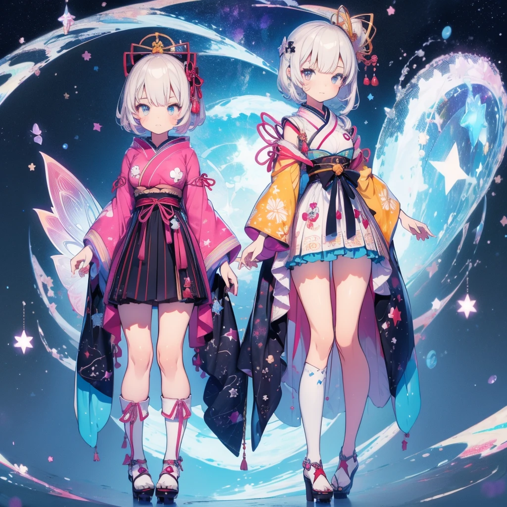 1girl、vtuber-fullbody、Star Fairy、masterpiece、official art、Super detailed、super beautiful、かわいいStar Fairy、white straight short hair、Milky Way、universe、star charm、star、baby face、Knee-high boots、Japanese pattern dress、A beautiful girl wearing black and white clothes that are a remake of a yukata.、universeを思わせるOiranフリルドレス、Oiran