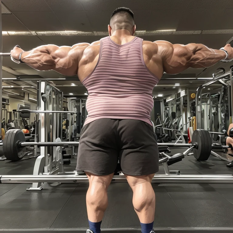 (one or two bodybuilders:1.4), (back view:1.4), (tank top:1.4), (at gym:1.4), 40's, Japanese man, manly face, fat face, (round face:1.4), (monolid eyes:1.2), (buzz cut:1.4), very large and strong body, bulky body, beefy muscles, (bulging muscles:1.4), (very large pectoral muscles:1.4), (muscular arms:1.4), muscular abs, muscular legs, muscular back, brightens oily skin, (realistic:1.2), distant view