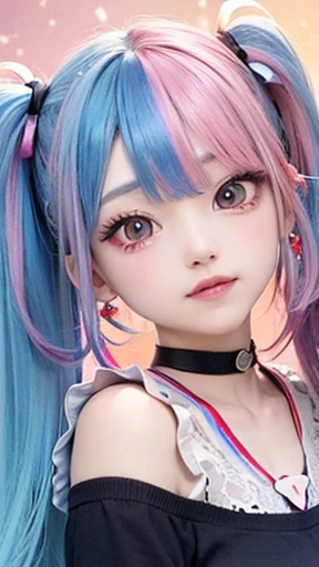 small face、 Super detailed,bright colors, very beautiful detailed anime face and eyes, look straight,  shiny_skin,girl, (((rainbow colored hair, colorful hair, Half blue、half pink hair: 1.2))), 、shiny hair, delicate beautiful face, blush、Glasses、(turquoise eyes), , Valletta, earrings,、flower garden、sunset、(Stylish lace mini skirt,Translucent shirt)、（twin tails）、smile、happy face、face dyed red、cheerful pose、dynamic、Full body portrait from head to toe、（I can see the whole body）