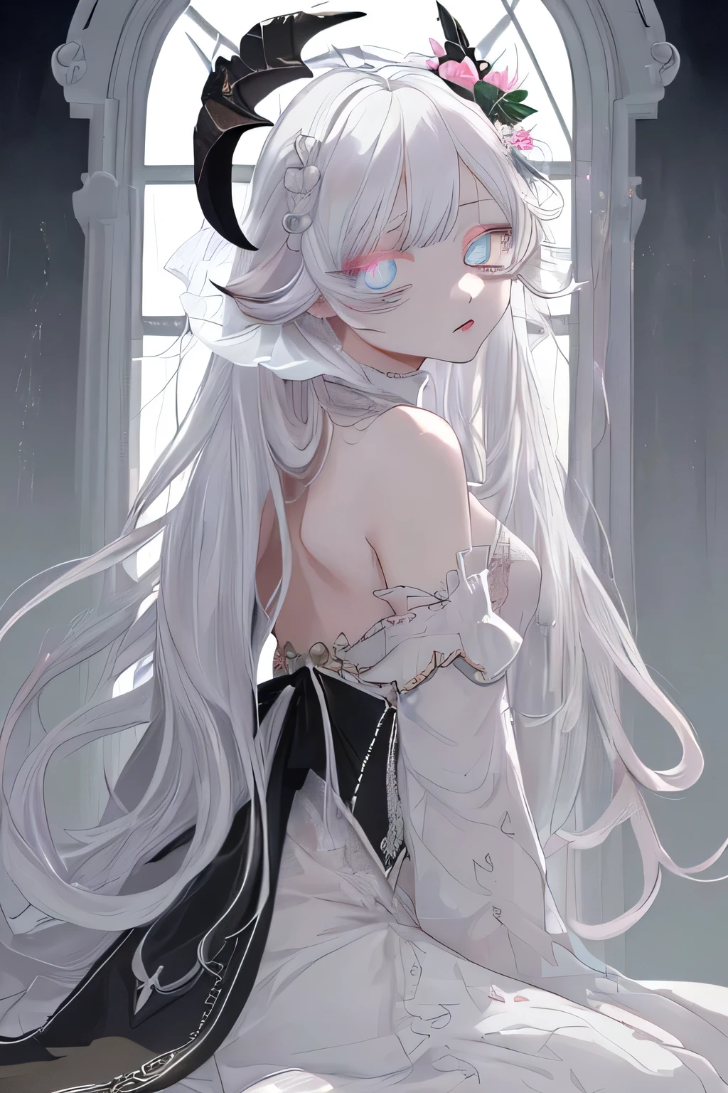 girl,Ram horn ornament、 full color, long white hair, Light clothes in black,
(view from below), (place your arms behind your back), (Wild Rift), sheer dress,
(masterpiece:1.2), highest quality, High resolution, Integrated 8K wallpaper, (shape:0.8), (beautiful and delicate eyes:1.6), highly detailed face, perfect lighting, Very detailed CG, (perfect hands, perfect anatomy),sitting,赤 lips,Behave cute,