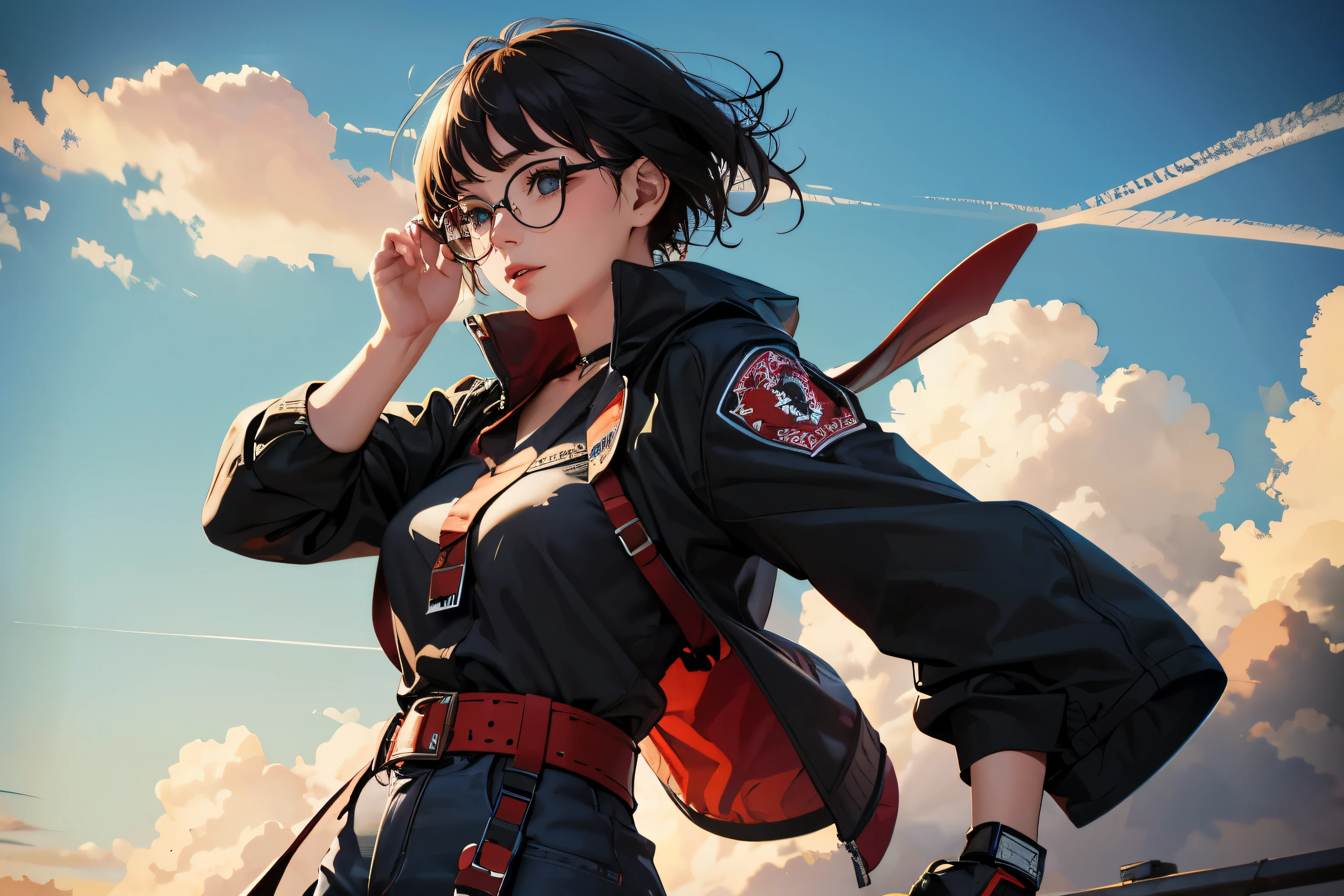 Wide angle, beautiful female fighter, wearing large glasses, black undercut hair, large steel knuckles