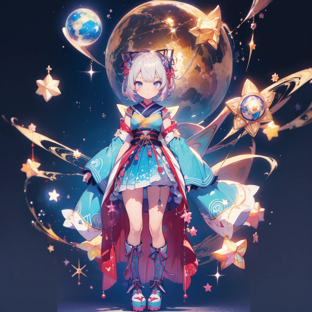 1girl、vtuber-fullbody、Star Fairy、masterpiece、official art、Super detailed、super beautiful、かわいいStar Fairy、white straight short hair、Milky Way、universe、star charm、star、、Knee-high boots、Japanese pattern dress、着物をリメイクしたOiranフリルゴスロリ、universeを思わせるOiranフリルドレス、Oiran