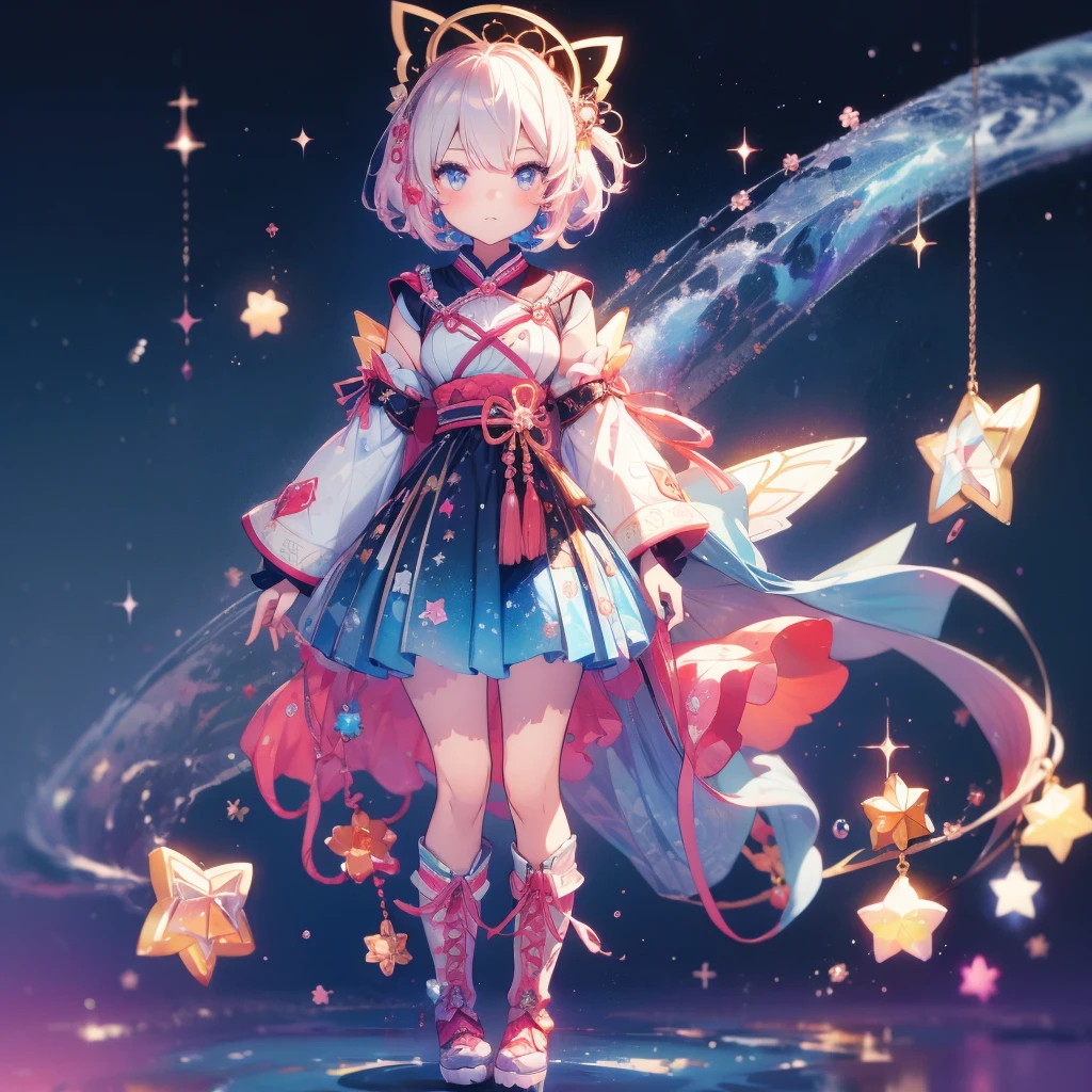 1girl、vtuber-fullbody、Star Fairy、masterpiece、official art、Super detailed、super beautiful、かわいいStar Fairy、white straight short hair、Milky Way、universe、star charm、star、baby face、Knee-high boots、Japanese pattern dress、着物をリメイクしたOiranフリルゴス**、universeを思わせるOiranフリルドレス、Oiran