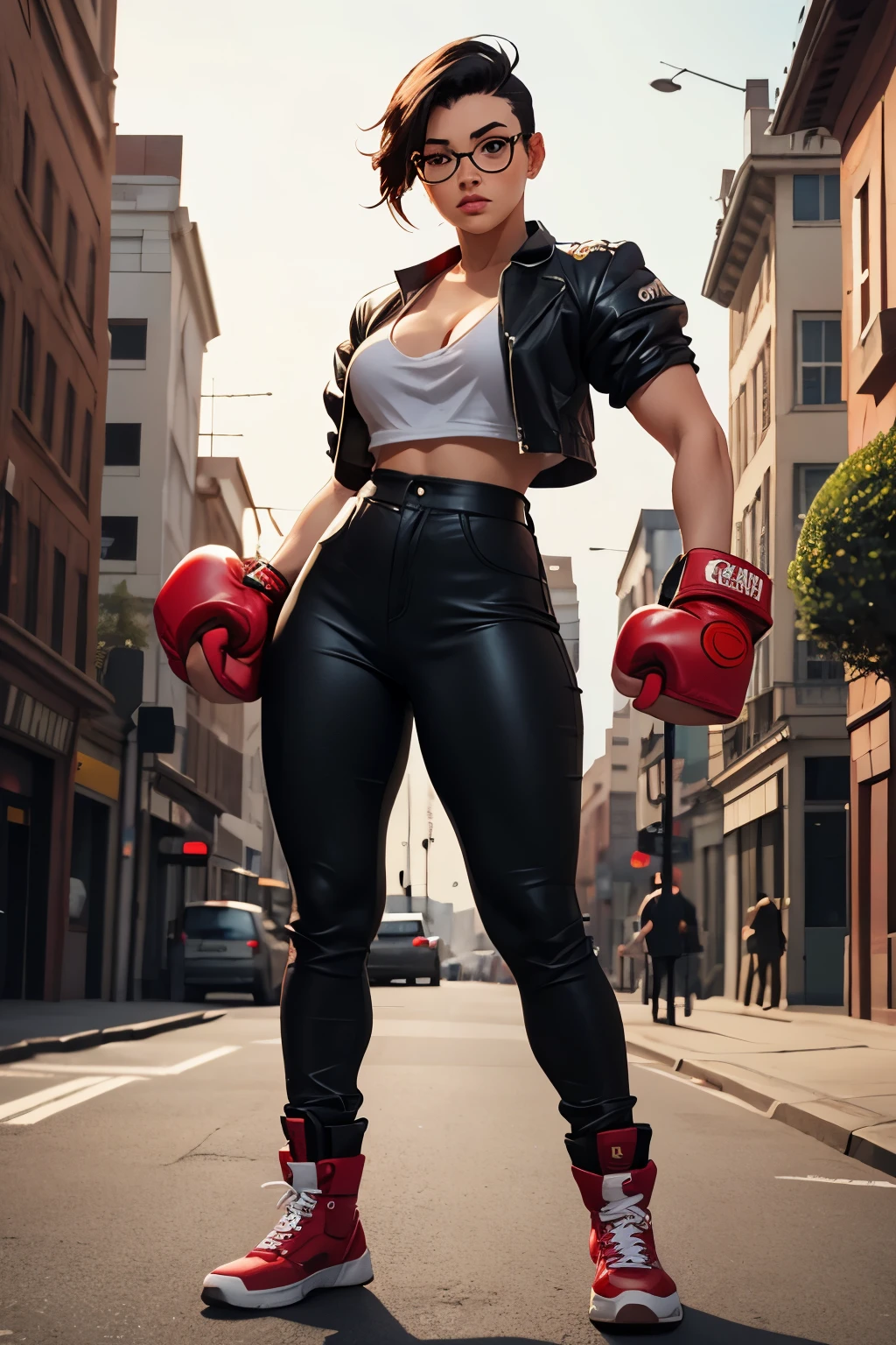 Wide angle shot, full body image, beautiful female street fighter, wearing large glasses, black undercut hair, wearing large steel knuckles