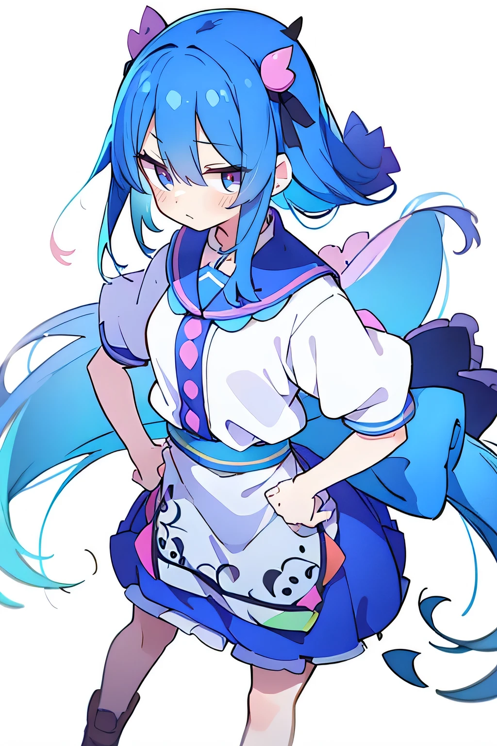 (masterpiece),best quality, expressive eyes, perfect face, 1girl,
 Put your hands on your waist,fair, Gorgeous,Japanese cartoons,girl,lola,Hina Angel, blue hair, blue haired, floating clothes,Grab your waist, Grab your waist, hands on hips , hands on hips,sit, sit on ground, Legs on the ground, flat chest