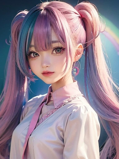 small face、 Super detailed,bright colors, very beautiful detailed anime face and eyes, look straight, shiny_skin,girl, (((rainbow colored hair, colorful hair, Half blue、half pink hair: 1.2))), 、shiny hair, delicate beautiful face, blush、Glasses、(turquoise eyes), , Valletta, earrings,、flower garden、sunset、(Stylish lace mini skirt,Translucent shirt)、(twin tails)、smile、happy face、face dyed red、cheerful pose、dynamic、Full body portrait from head to toe、(I can see the whole body)