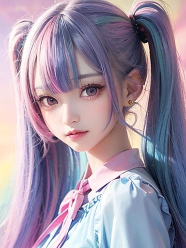 small face、 Super detailed,bright colors, very beautiful detailed anime face and eyes, look straight,  shiny_skin,girl, (((rainbow colored hair, colorful hair, Half blue、half pink hair: 1.2))), 、shiny hair, delicate beautiful face, blush、Glasses、(turquoise eyes), , Valletta, earrings,、flower garden、sunset、(Stylish lace mini skirt,Translucent shirt)、（twin tails）、smile、happy face、face dyed red、cheerful pose、dynamic、Full body portrait from head to toe、（I can see the whole body）