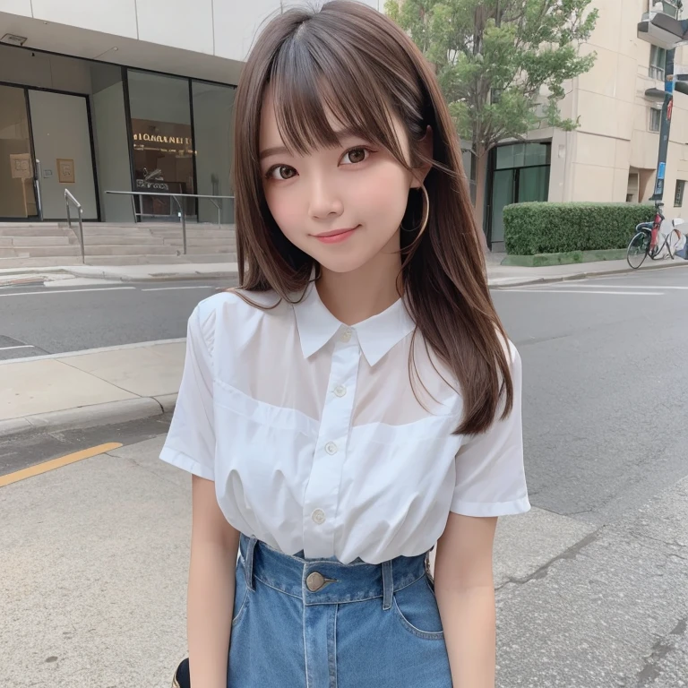 masterpiece, highest quality,1 girl, alone, brown hair, realistic, long hair, bangs, smile, Upper body, fashionable clothes,