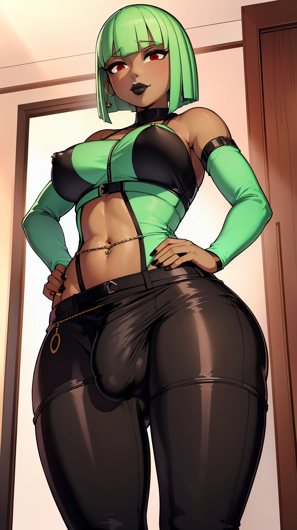 (solo:1.1),(masterpiece), (best quality:1.3), highly detailed, intricate, professional art, digital art, absurdres, confidant, emerald sustrai, futanari emerald sustrai wearing a white and green leotard  detached sleeves and pants confidently posing with hand on hip indoors, (pants:1.3), 1girl, solo, (dark skin:1.4), green hair, bob hair, gold hoop earrings, gold jewellery, ab lines, (gold navel piercing:1.1), detailed stomach, red eye colour, dark skin, small breasts, nipple bulge, (aroused:1.2), (futanari:1.1), (wide hips:1.4), (makeup 1:1), beestung lips, (black lipstick:1.3), penis bulge, panty straps riding hips, (crotch bulge:1.4), crotch bulge, testicle bulge , furniture, angled  view, bubble butt, protruding butt, perky ass, large ass, gluteal crease, universal lighting
