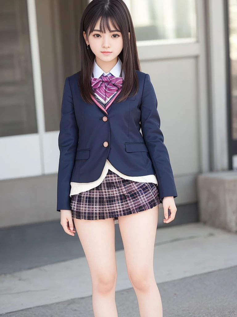 
(masterpiece, highest quality:1.4), award-winning portraits, 8K, 85mm, alone, beautiful face, delicate girl, , (dark navy blazer jacket), dark navy skirt, long sleeve, violaces, gardenia, grace, Sophisticated, cute, teen, looking at the viewer, 15 years old, Raw photo, disorganized, HDR, sharp focus, A bow tie, background bokeh、(((flat 、thin and delicate body、A childish atmosphere)))、Her shiny semi-long hair is tied up、hair swaying in the wind、Mole on the left cheek、large, round, dark blue eyes、full body、random pose、Run、sprinting、Skirt fluttering in the wind、Junior idol、Nogizaka Idol、widening skirt、jump、mole under eye、sexy、No panties