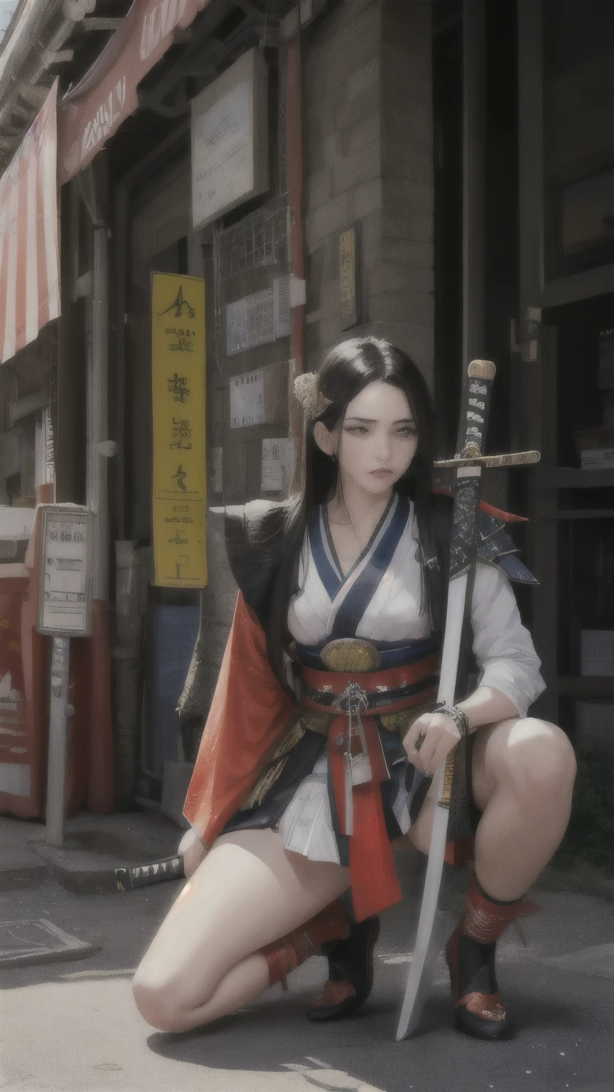 Hyperrealistic version of a woman kneeling down with a sword in her hand, very beautiful cyberpunk samurai