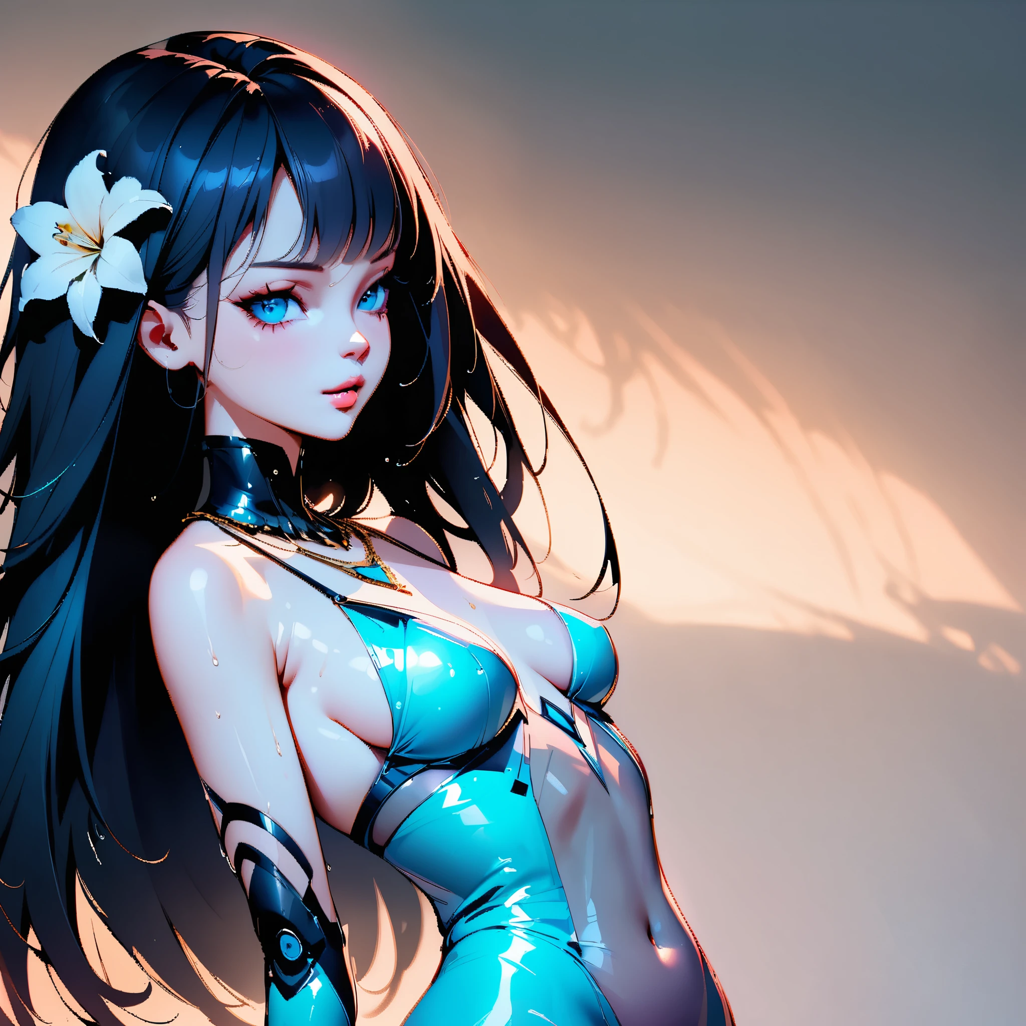((Create MaxZenArt!))_((One, 1 girl, tattoos, glowing tattoos, shiny, white-fluffy 13+), (skulls, flowers), (black transparent clothes-dress)), (sexy, erotic)) _((Delicate scarlet lips), (straight black hair - long, highlights, blue, cascading), (multi-colored shiny hair), (cool shine, wet straight hair))_((Stylization; clear line, clear outline, high-quality linear drawing, shading))_((Simple color palettes), (color fill, color richness, saturation, harmony, balance), (rich pastel colors, pure colors), (cyberpunk))_((Sexy, erotic), (simple, minimum accessories), (necklaces and thin rings made of silver or gold), (simple bracelets, unusual designs, simple silhouettes), (erotic style))_((Background),(abstract minimalism), (stunning cybernetic flowers), ( lilies, extremely unusual, long stems - large stems, skulls, flowers)).