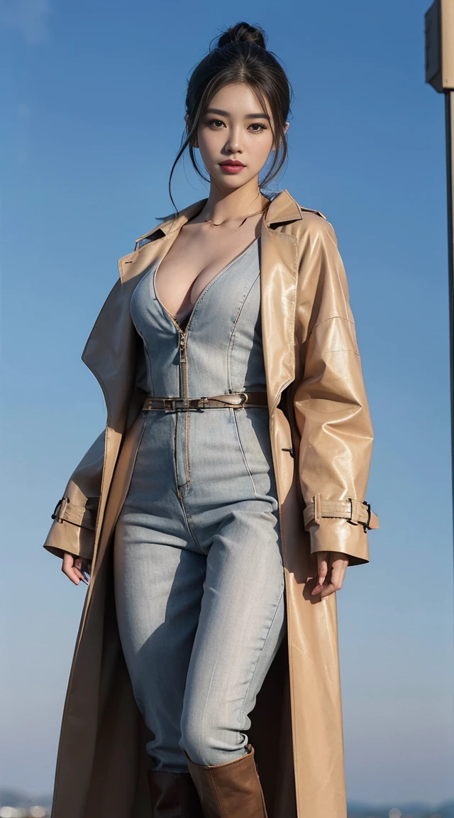 (best quality,High resolution,representative work:1.1),Extremely sexy and beautiful Korean woman,(((tall figure,Small waist and hourglass figure,Perfect curve proportions))),(((Wearing a V-neck jumpsuit,Flowing light trench coat,visible exposed skin,Showing thighs))),Big breasts accentuate her cleavage,((Cracked crotch,Mons pubis enlargement and fullness)),With knee-high leather boots,Tie your hair into a stylish updo,show your neck,Beauty as seen by the eyes,face me,graceful standing posture,sweet smile,Mainly front view,Above the knee view。