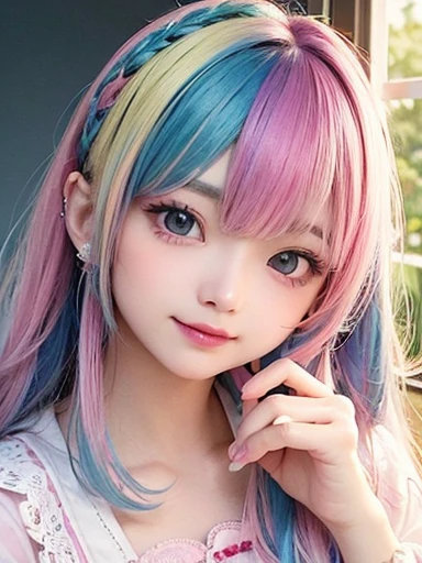 small face、 Super detailed,bright colors, very beautiful detailed anime face and eyes, look straight, shiny_skin,girl, (((rainbow colored hair, colorful hair, Half blue、half pink hair: 1.2))), 、shiny hair, delicate beautiful face, blush、Glasses、(turquoise eyes), Valletta, earrings,seaside、Forest、flower garden、sunset、(Stylish lace mini skirt、Translucent shirt)、(twin tails)、smile、happy face、face dyed red、cheerful pose、dynamic、Full body portrait from head to toe、(I can see the whole body)