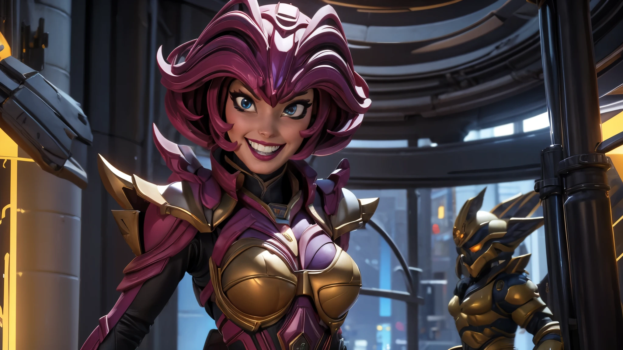 (best quality,4k,8k,highres,masterpiece:1.2),ultra-detailed, Alien Princess, Female Commander Invading a city with her Ranger troops behind her, strutting her stuff, Smiling and laughing, Flirting with the viewer, HDR, 8k, absurdres, cinestill 800, sharp focus, add_detail:3 (solo woman) anime Villainess, wideshot, widescreen