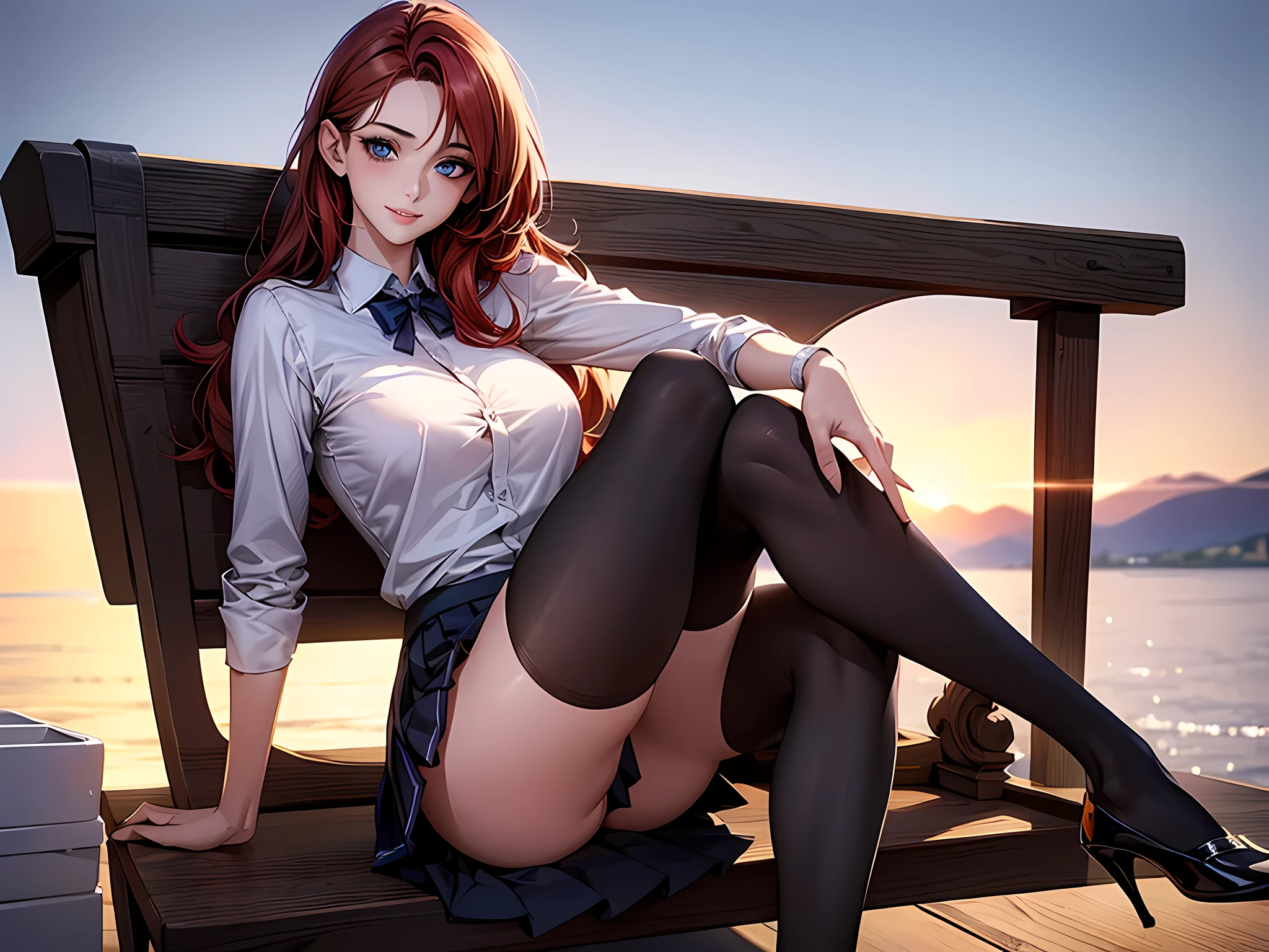 (masterpiece:1.2, highest quality), (realistic, photorealistic:1.4), beautiful illustrations, (natural side lighting, movie lighting), NSFW, looking at the viewer, 1 girl, Japanese, perfect face, Cute symmetrical face, shiny skin, red hair, blue eyes, Long Eye Lasher, (big breasts), thin, narrow butt,beautiful hair, beautiful face, beautiful and fine eyes, beautiful clavicle, beautiful body, beautiful breasts, beautiful thighs, beautiful feet, beautiful fingers, ((white collared shirts, box pleated mini skirt), (beautiful scenery), evening, half-body illustration, (cute smile, open the mouse a little), All limbs,black stiletto heels,ankle,Low - Angle,Accentuated legs,front photo,tip of toe,Slender body shape, half-body illustration
