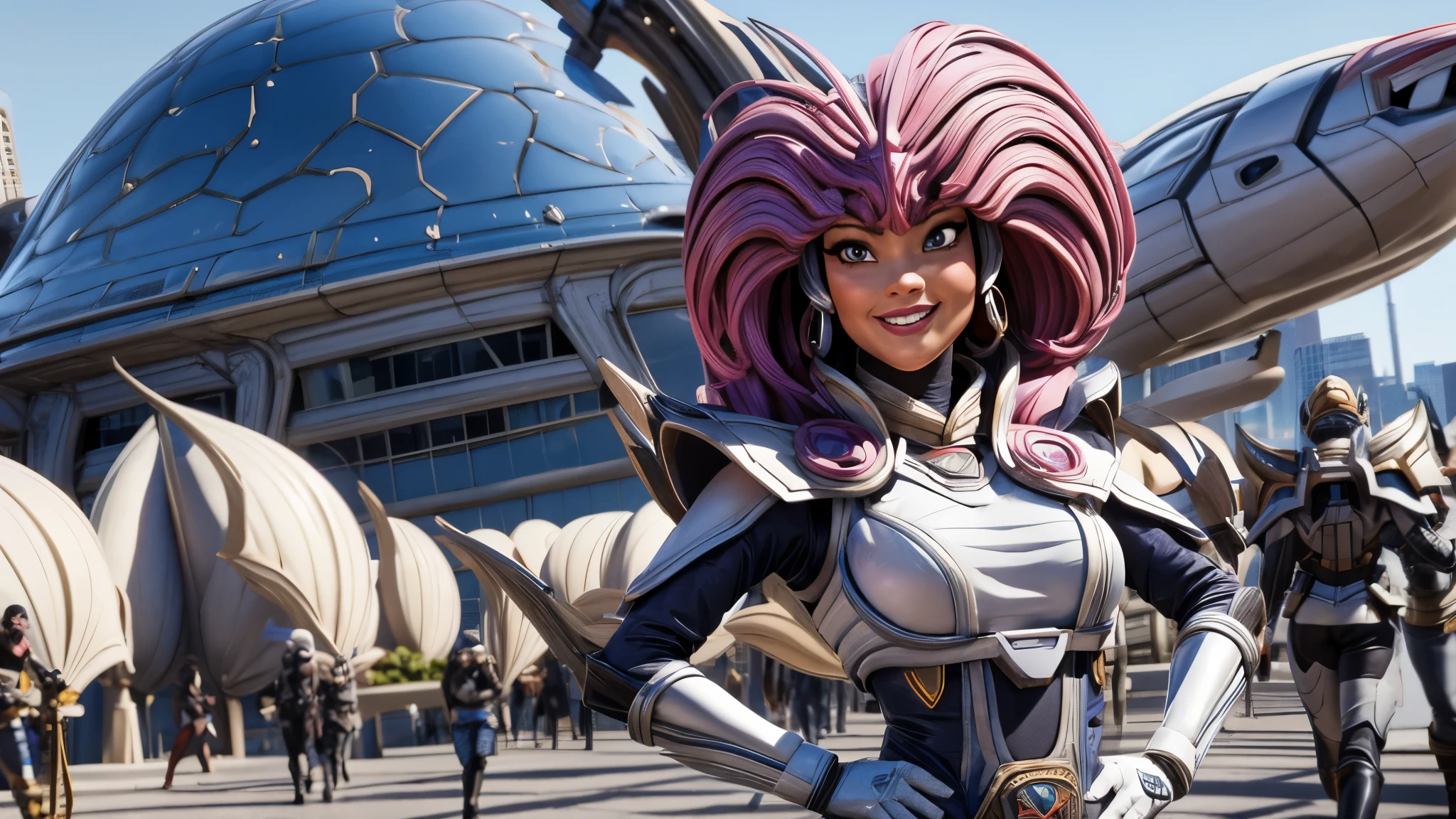 (best quality,4k,8k,highres,masterpiece:1.2),ultra-detailed, Alien Princess, Female Commander Invading a city with her Ranger troops behind her, strutting her stuff, Smiling and laughing, Flirting with the viewer, HDR, 8k, absurdres, cinestill 800, sharp focus, add_detail:3 (solo woman) anime Villainess, wideshot, widescreen