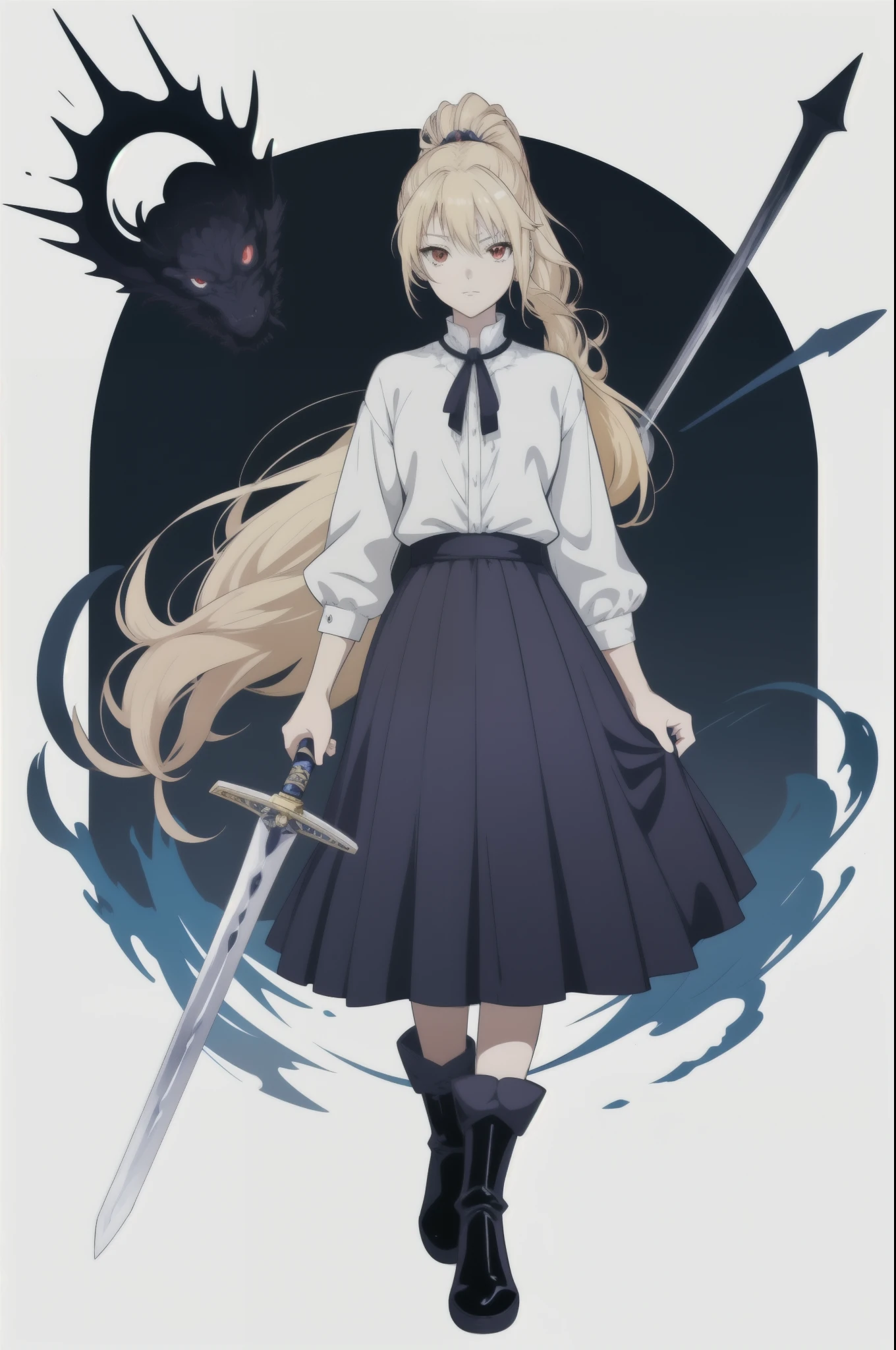 Anime girl holding a sword in front of a dark background, she holds a sword, Fate-like anime style/overnight, Main animation art, key point, official character art, Inspired by Lee Chi-shi, official art, anime full body illustration, Blonde red eyes long hair anime girl, kushat krentz critical art women, Arturia Pendragon