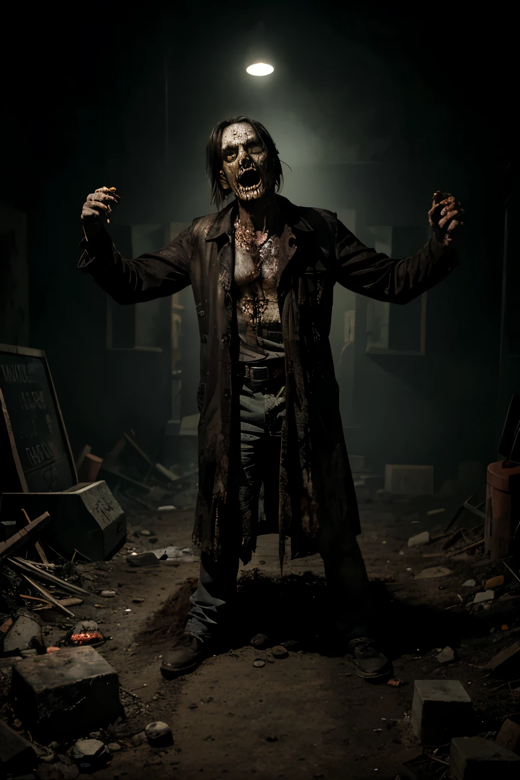 a zombie comes out of the grave half-body, hands up, old face, dirty, scary, horror, darkness,