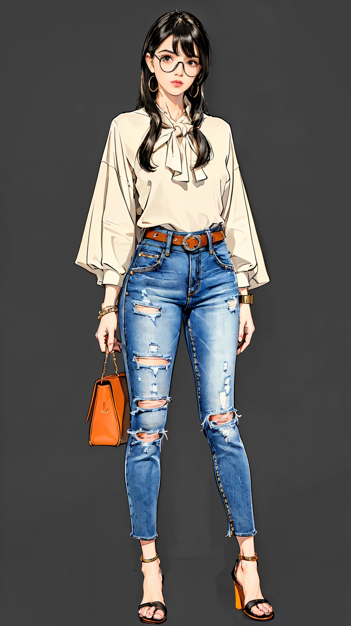 ((best quality,4k,highres,masterpiece:1.2)),((character concept art)), 1 female, age 17. For a casual weekend outfit, she's dressed in a relaxed yet chic ensemble by Hermes. (((She's wearing a simple white Hermes silk blouse paired with the brand's iconic high-waisted, belted denim jeans))). The outfit is completed with a pair of comfortable Hermes Oran sandals and a pair of stylish glasses. ((Her black hair is neatly tied back. Her accessories include a classic Hermes Evelyne cross-body bag and a stylish Hermes enamel bangle)). Despite the casual nature of her outfit, her style exudes an air of effortless elegance and sophistication that is characteristic of the Hermes brand. ((intricate detail)), super finely detailed hands, ultra finely detailed fingers(((ten fingers))), (standing casually), (full body showcase), (show full body), (no logos on background), (no logo), ((plain background)), ((plain background)), (((empty background))).