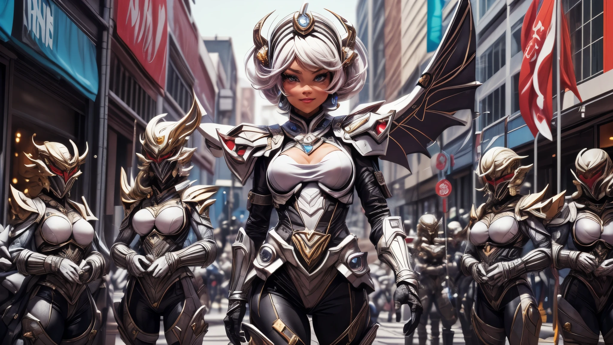 (best quality,4k,8k,highres,masterpiece:1.2),ultra-detailed, Alien Princess, Female Commander Invading a city with her Ranger troops behind her, strutting her stuff, Smiling and laughing, Flirting with the viewer, HDR, 8k, absurdres, cinestill 800, sharp focus, add_detail:3 (solo woman) anime Villainess, wideshot, widescreen