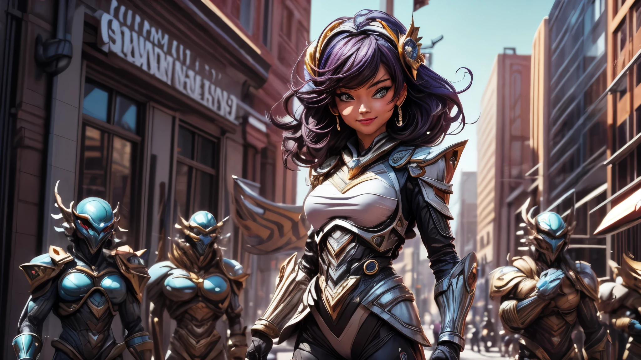 (best quality,4k,8k,highres,masterpiece:1.2),ultra-detailed, Alien Princess, Female Commander Invading a city with her Ranger troops behind her, strutting her stuff, Smiling and laughing, Flirting with the viewer, HDR, 8k, absurdres, cinestill 800, sharp focus, add_detail:3 (solo woman) anime Villainess, wideshot, widescreen