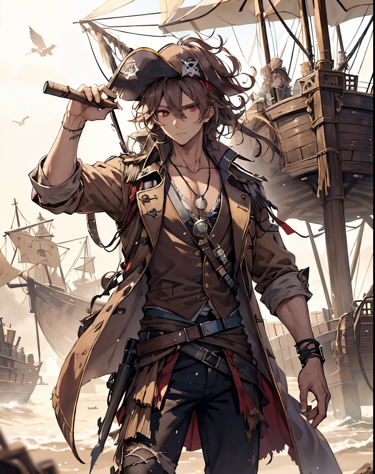 masterpiece, 1men, sparrow, a brown haired men, wearing a pirates clothes, curly medium hair, messy hair, slim body, wearing noble clothes, he close her left eye, shirt ornament, calm expression, red eyes, stand at forest, ahoge, pirates hat