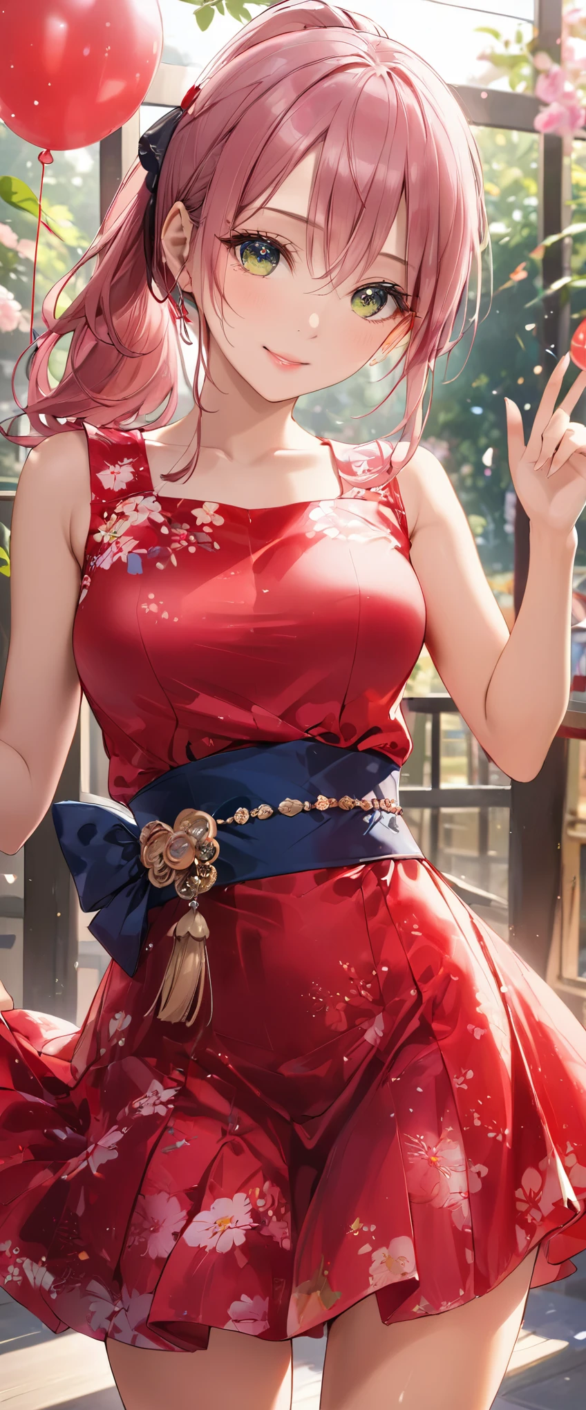 (masterpiece,highest quality,超A high resolution),japanese woman, (((Very beautiful 25 year old girl))), pretty girl、look at the photographer､  ((beautiful low ponytail)), super cute face, glossy lips, double eyelids in both eyes,natural smile、 natural makeup, long eyelashes, Shiny and smooth hair､center image,  perfect limbs, perfect anatomy,(((dress))、party venue,Pose with movement