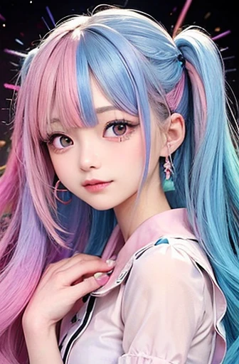 small face、 Super detailed,bright colors, very beautiful detailed anime face and eyes, look straight,  shiny_skin,girl, (((rainbow colored hair, colorful hair, Half blue、half pink hair: 1.2))), 、shiny hair, delicate beautiful face, blush、Glasses、(turquoise eyes), Valletta, earrings,seaside、Forest、flower garden、sunset、(Stylish lace mini skirt、Translucent shirt)、（twin tails）、smile、happy face、face dyed red、cheerful pose、dynamic、Full body portrait from head to toe、（I can see the whole body）