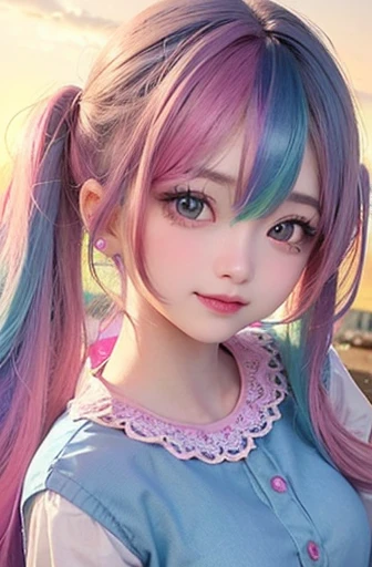 small face、 Super detailed,bright colors, very beautiful detailed anime face and eyes, look straight, shiny_skin,girl, (((rainbow colored hair, colorful hair, Half blue、half pink hair: 1.2))), 、shiny hair, delicate beautiful face, blush、Glasses、(turquoise eyes), Valletta, earrings,seaside、Forest、flower garden、sunset、(Stylish lace mini skirt、Translucent shirt)、(twin tails)、smile、happy face、face dyed red、cheerful pose、dynamic、Full body portrait from head to toe、(I can see the whole body)