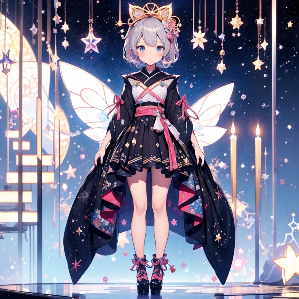 1girl、vtuber-fullbody、Star Fairy、masterpiece、official art、Super detailed、super beautiful、かわいいStar Fairy、white straight short hair、Milky Way、universe、star charm、star、baby face、Knee-high boots、Japanese pattern dress、着物をリメイクしたOiranフリルゴスロリ、universeを表現したMilky Way柄Oiranフリルドレス、Oiran
