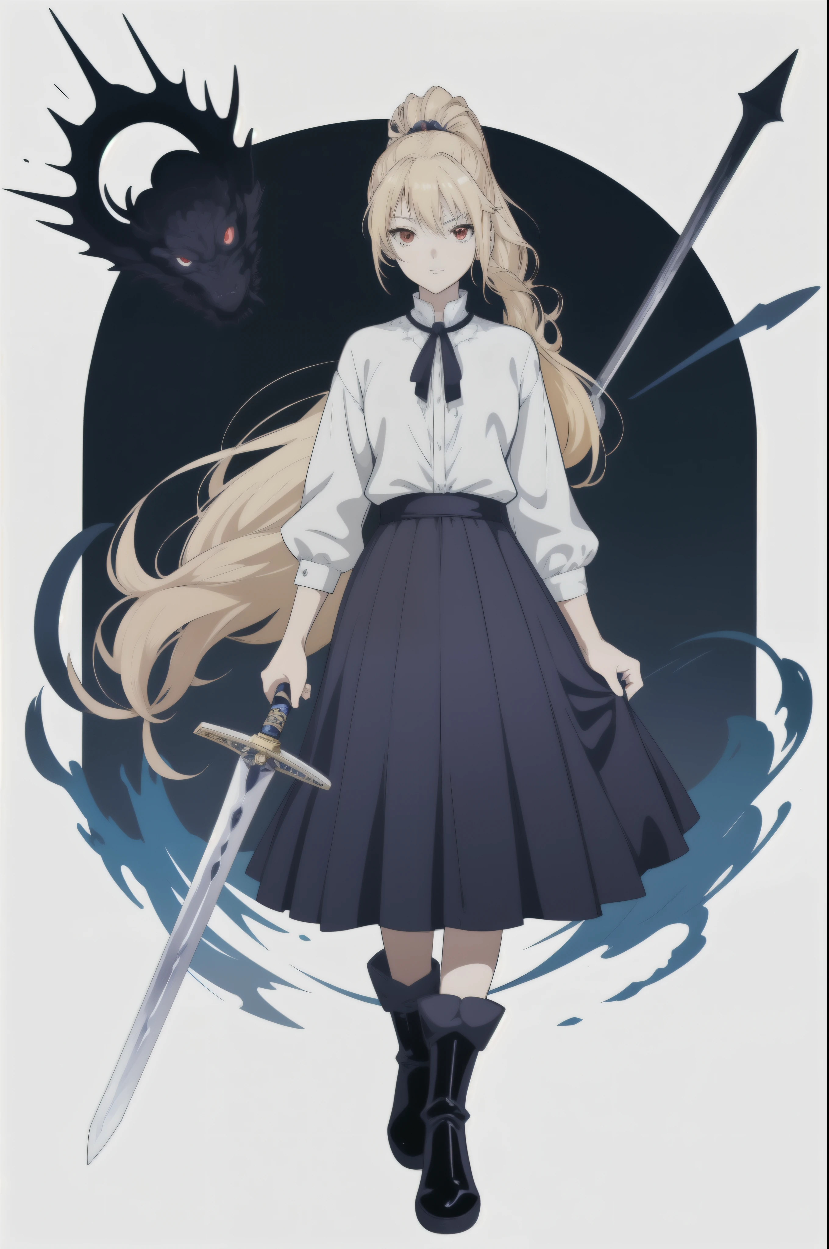 Anime girl holding a sword in front of a dark background, she holds a sword, Fate-like anime style/overnight, Main animation art, key point, official character art, Inspired by Lee Chi-shi, official art, anime full body illustration, Blonde red eyes long hair anime girl, kushat krentz critical art women, Arturia Pendragon