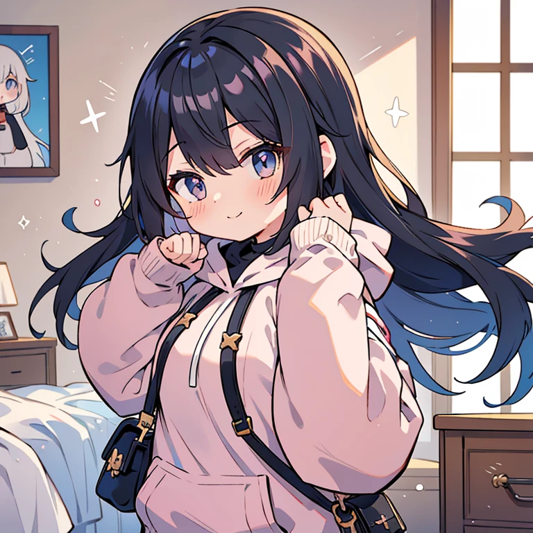 anime,manga,1 girl, biceps、alone, shy、cute atmosphere、black eye,, long sleeve, bangs,, raise your arms, Upper body, colorful hair, looking at the viewer, Various hair colors, hair between eyes, puffy long sleeve, hood ie,,purse, blush, closed mouth, Virtual YouTuber, sleeves go over wrists, smile,room wear