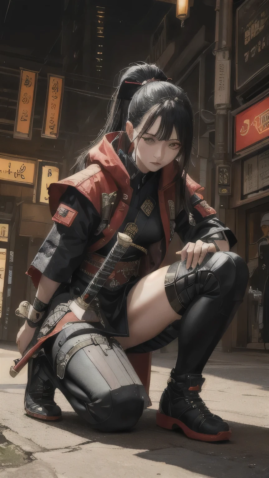 Hyperrealistic version of a woman kneeling down with a sword in her hand, very beautiful cyberpunk samurai