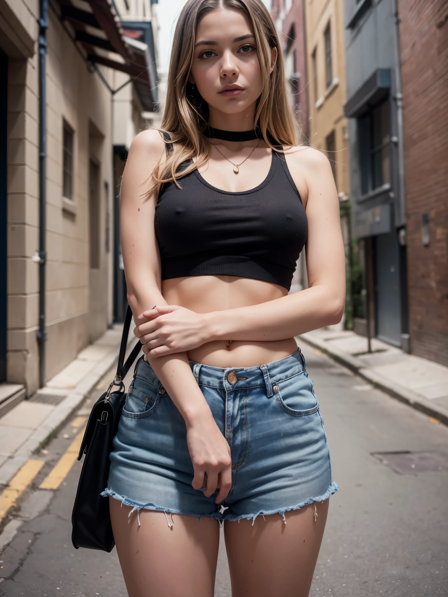 photo oF a girl, (Detailed Face)), (detailed Facial Features)), (piel delgada), pale skin, gran detalle, (color fresco), reFlection, (Profesora de arte), (perFect proportions), (Fotos Realistas ), (of the highest quality), tomada con Canon EOS R5, Lente de 50 mm, F/2.8, HDR, ((Full photos)), (8K), (fondo), (lighting Film), (dramatic lighting), (sharp Focus), (complejo), (sexy jean mini shorts and black top with Freddy Krueger's Face), Tacones altos sexys (fondo in an alley)