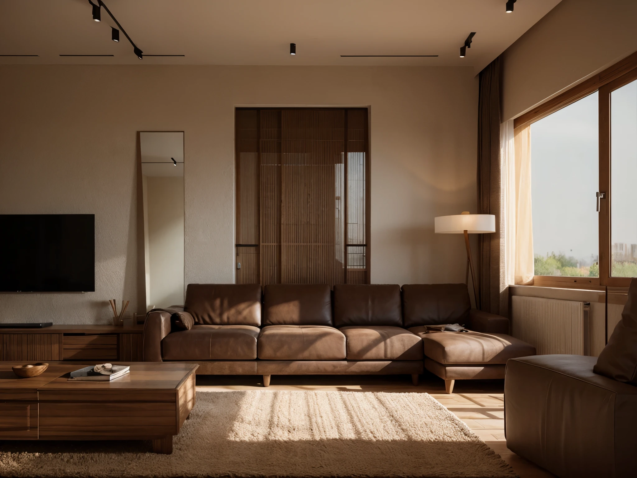 interior, livingroom, wabisabi style, (realistic:1.2), Raw photo,Masterpiece, high quality, best quality, authentic, super detail,cinematic lighting