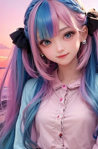 small face、 Super detailed,bright colors, very beautiful detailed anime face and eyes, look straight,  shiny_skin,girl, (((rainbow colored hair, colorful hair, Half blue、half pink hair: 1.2))), 、shiny hair, delicate beautiful face, blush、Glasses、(turquoise eyes), Valletta, earrings,seaside、Forest、flower garden、sunset、(Stylish lace mini skirt、Translucent shirt)、（twin tails）、smile、happy face、face dyed red、cheerful pose、dynamic、Full body portrait from head to toe、（I can see the whole body）