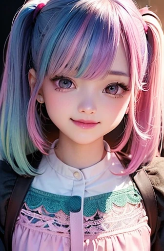 small face、 Super detailed,bright colors, very beautiful detailed anime face and eyes, look straight,  shiny_skin,girl, (((rainbow colored hair, colorful hair, Half blue、half pink hair: 1.2))), 、shiny hair, delicate beautiful face, blush、Glasses、(turquoise eyes), Valletta, earrings,seaside、Forest、flower garden、sunset、(Stylish lace mini skirt、Translucent shirt)、（twin tails）、smile、happy face、face dyed red、cheerful pose、dynamic、Full body portrait from head to toe、（I can see the whole body）