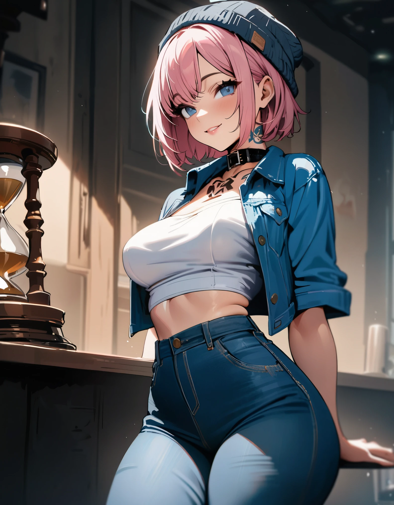 1 busty girl,cow boy shooting, Beautiful Nora_Valkyrie, looking at viewert, ssmile, Short hair details, eBlue eyes,Heart-shaped paper cutout, mitts, jaket, Pink dress, pink belt, short- sleeved, Fluffy sleeves, An armband, Fingerless gloves, orange color hair, pink gloves, dynamicposes, natta, Outdoor sports, 城市, (Volumetriclighting), Best quality, tmasterpiece, Complicated details, Tone-mapping, Focus sharp, ultra - detailed, Hot topics on artstation,