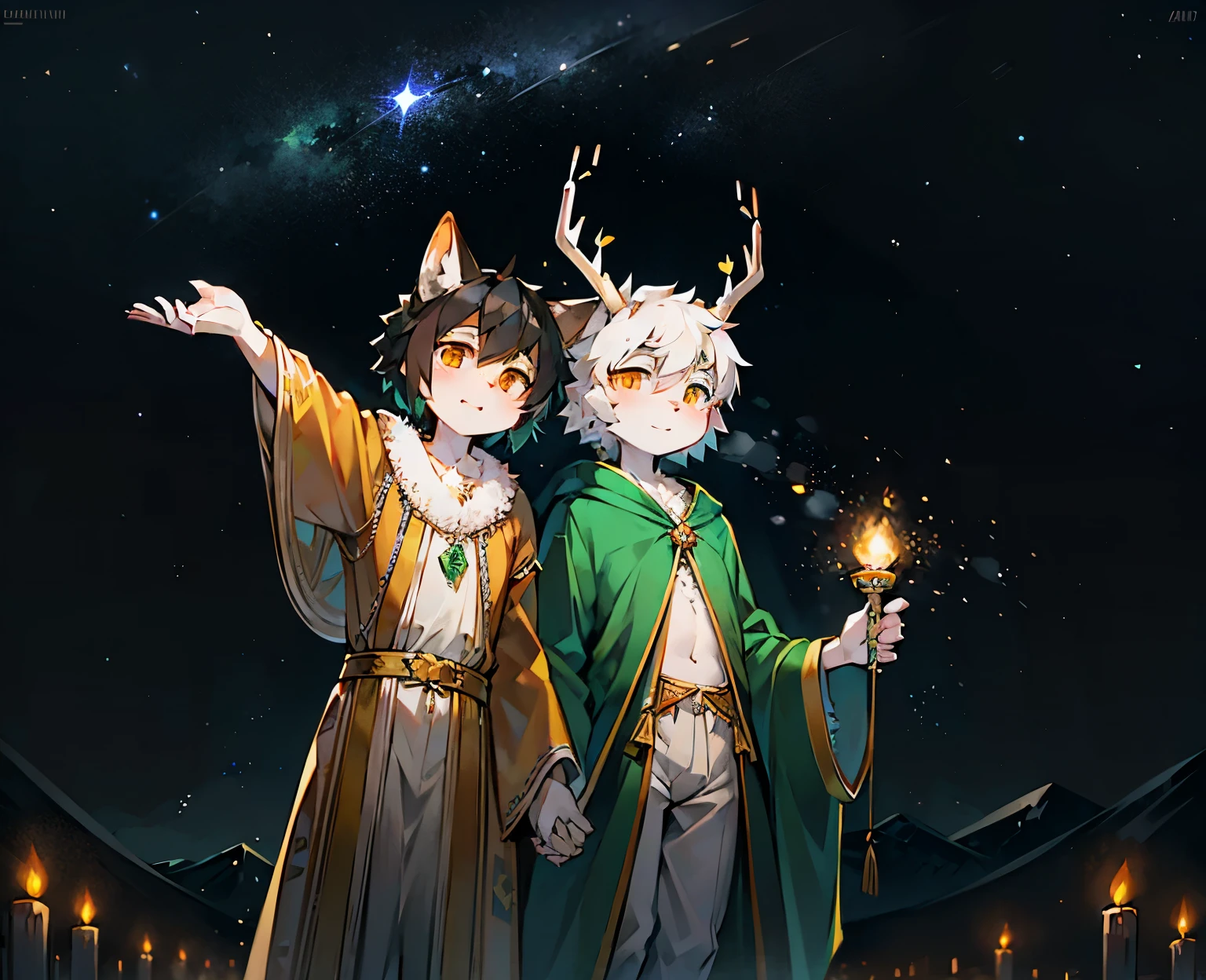 A white deer with green pupils and white hair，A wolf with black hair and orange eyes，Brilliant Milky Way，Green pupils，Star，flowing robe，Fluttering robes，holding a hand，Lovely shota，hangs in the air，Double，Light green robe，orange robe，Knighthood，Cotton clothes，Clothes cover the front，Handheld candlestick