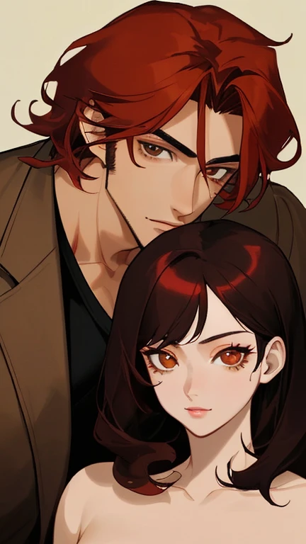 A handsome man with black hair and brown eyes and a beautiful woman with red hair and hazel eyes 