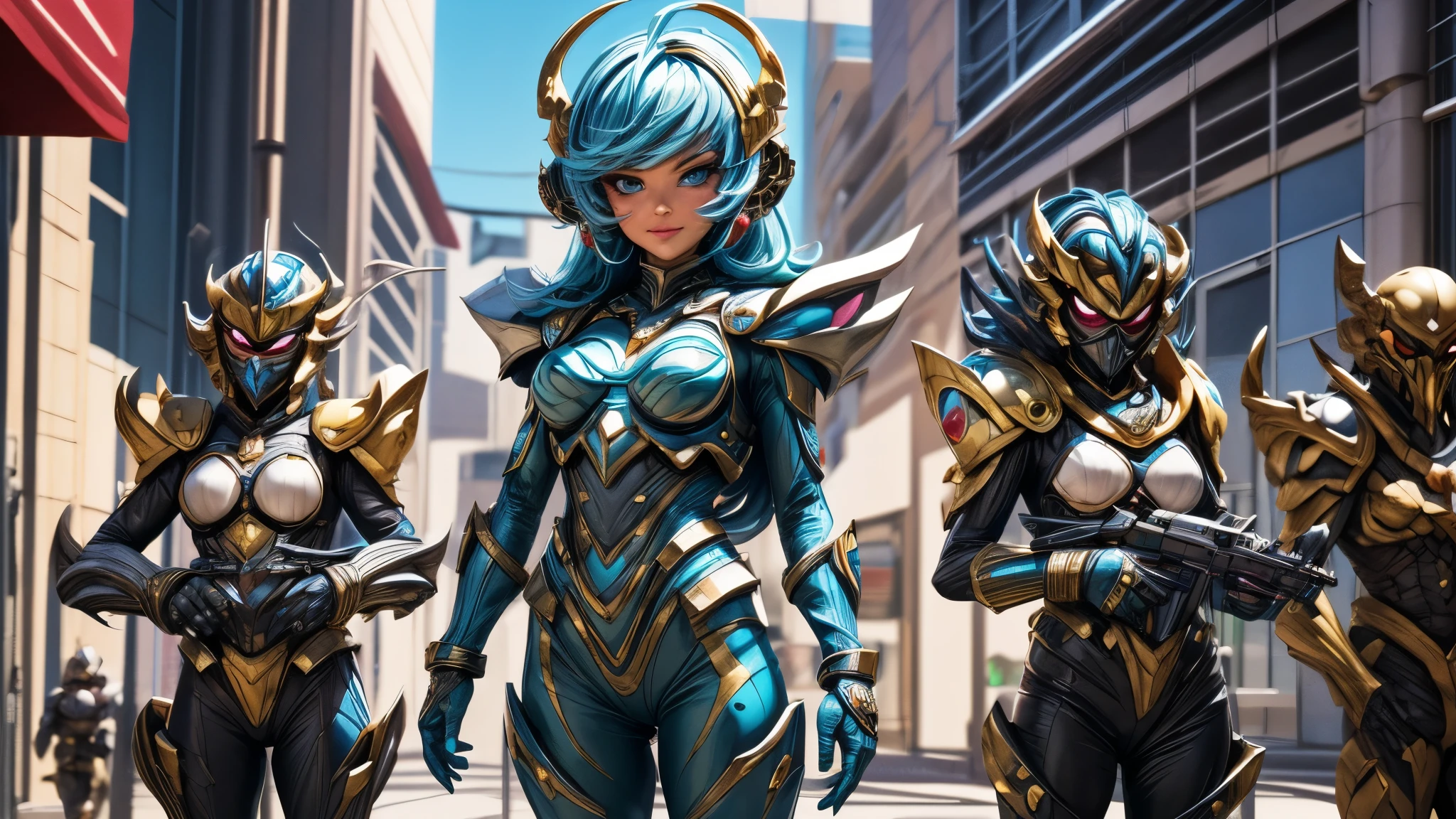 (best quality,4k,8k,highres,masterpiece:1.2),ultra-detailed, Alien Princess, Female Commander Invading a city with her Ranger troops behind her, strutting her stuff, Smiling and laughing, Flirting with the viewer, HDR, 8k, absurdres, cinestill 800, sharp focus, add_detail:3 (solo woman) anime Villainess, wideshot, widescreen