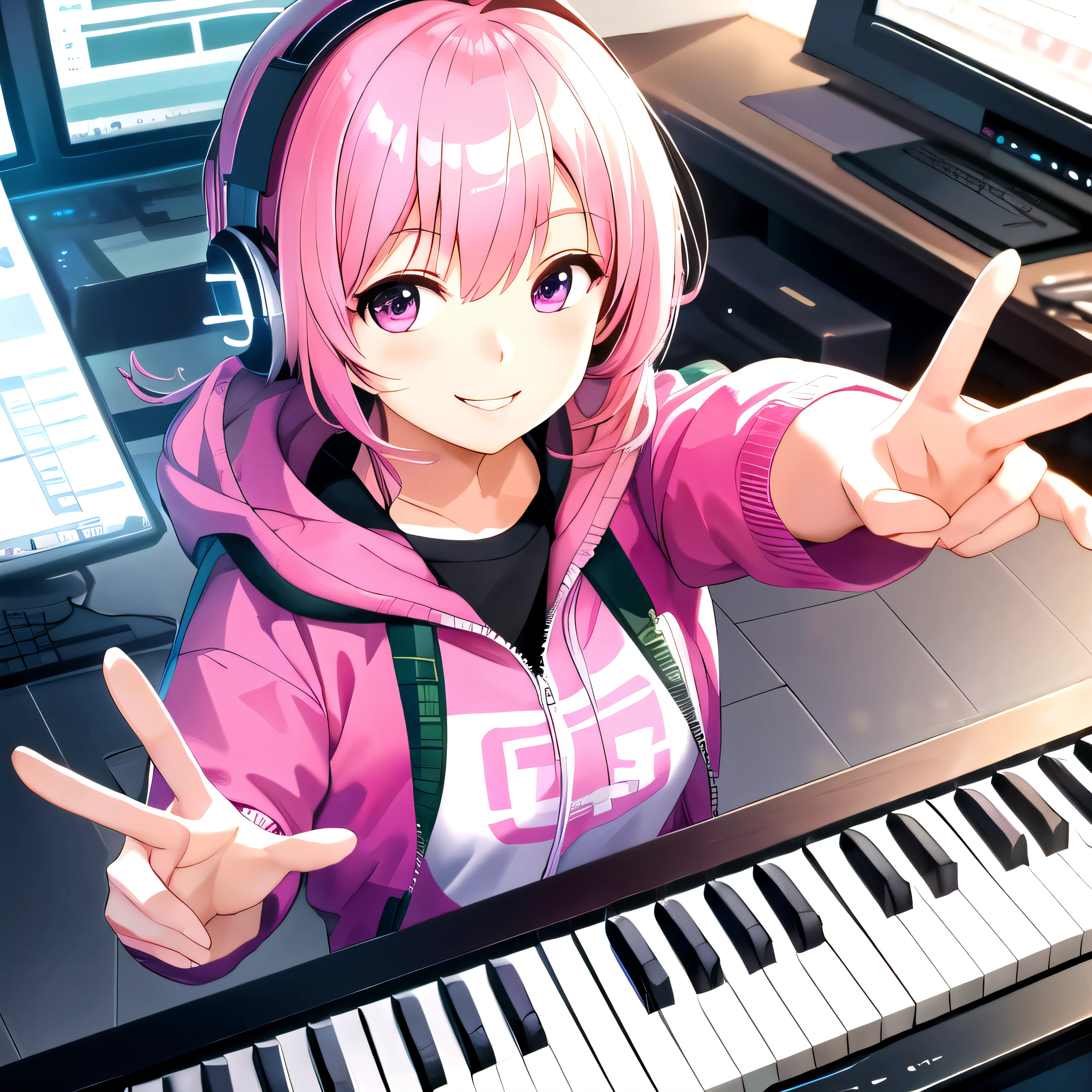 (masterpiece)(highest quality)Compose music on your PC、girl、midi keyboard, pink hair, 20-year-old, student, headphones, (smile:1.5)