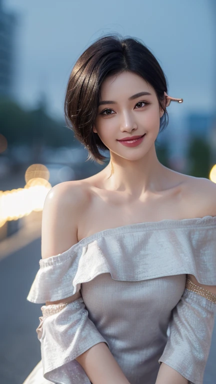 highest quality, realistic, 8K, High resolution, 1 girl, woman, (professional lighting), (portrait:0.6), (off shoulder dress:1.72), nice, black hair, (short hair:1.2), (1 girl eyes looking at the viewer:1.4), ((looking at the viewer:1.6)), (look at the camera), realistic, (Bokeh), (I wore:0.6), (dynamic pose:1.2), software, (smile:1.6),